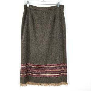 Vintage Brown Midi Blanket Skirt Sag Harbor 12 Petite fringe wool blend nordic